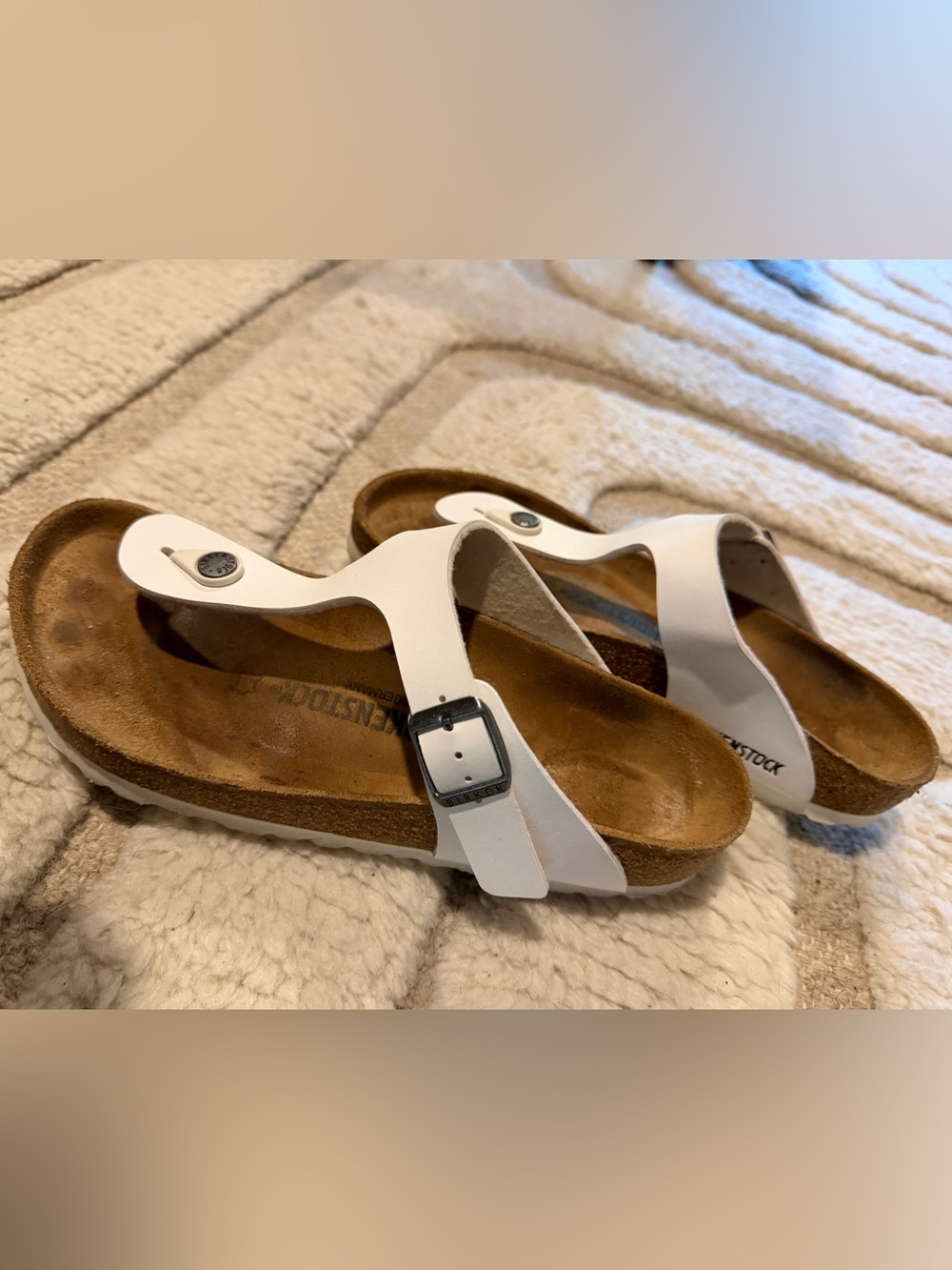 Birkenstock White Leather Toe-Post Sandals with Buckle